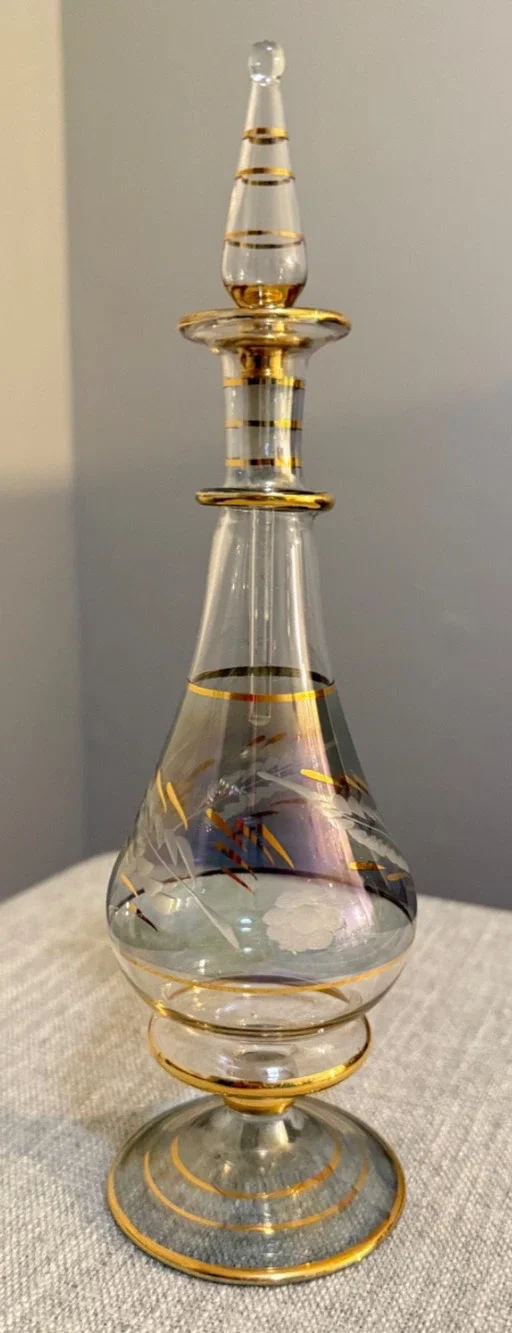 ✨ Vintage Iridescent Glass Bottle w/ Stopper Gold Trim | 9” Tall ✨